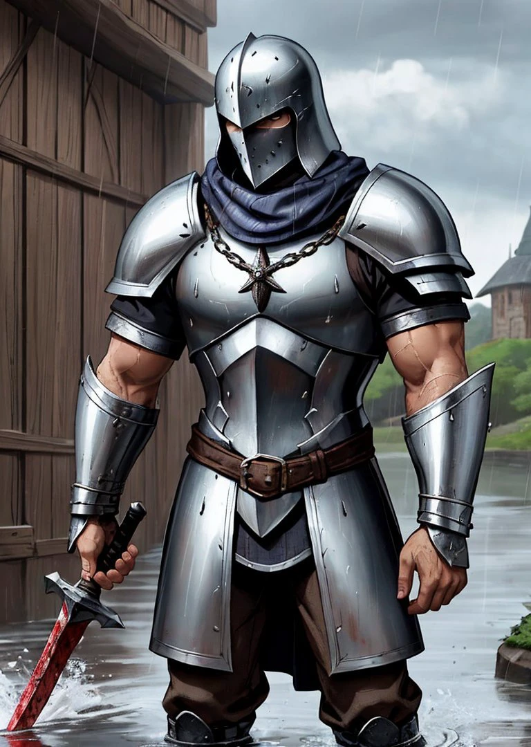 a (man:1.3) medieval war, chain mail, greaves, bracers, pointed helmet, teardrop shield, sword and spear, standing resolute in the pouring rain,looking at the camera, close up, evoking the grandeur of Gladiator, soaked in blood <lora:sd_v15_dpo_lora_v1:1>