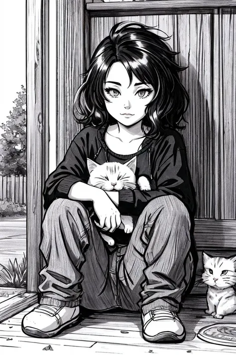 a black and white homeless little (kitten:1.3), sketch artstyle, graycale, monochrome,