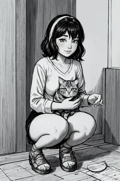superflat, flat shading, flat colors, masterpiece, best quality,  1girl, loli, 10yo, child, white panties, holding a cat, smile, happy, morning, bright sunlight, bedroom, best shadows, watercolor,