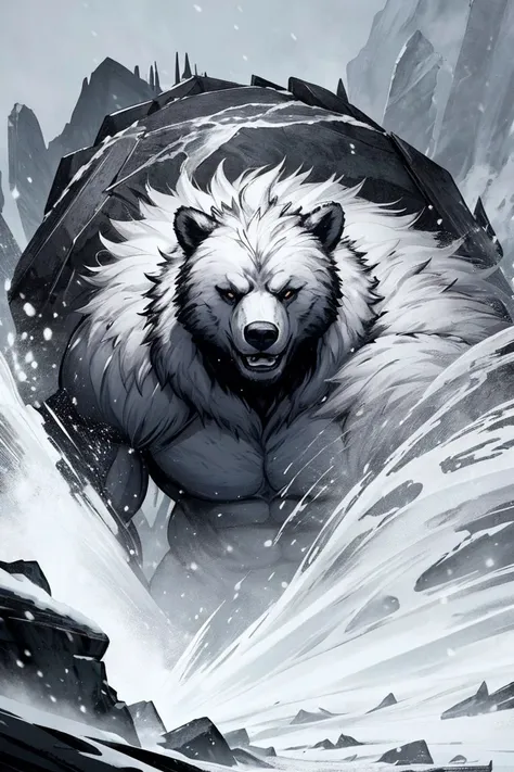 Monstrous blizzard with the fierce face of a bear, engulfed in whiteout conditions, swirling snow, and buffeting winds. Cinematic, mysterious, sinister, scary, wild, deadly, and beastly. A nightmarish masterpiece., sketch artstyle, graycale, monochrome,