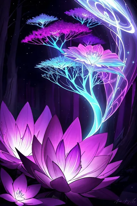 bioluminescent purple flower,fabulous night forest,magical radiance,Concept art,depth of field,Raw photo,realistic,cinematic lighting,soft shadows,sharp focus,fractal,colorful,depth of field,best quality,16k resolution,vivid colors,volumetric lighting,, sketch artstyle, graycale, monochrome,