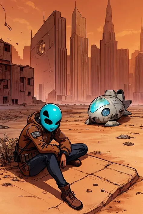 Sad alien smokers, sitting on a ground, An alien ship crashed into the ground, desert, sketch artstyle, city ruin bacground