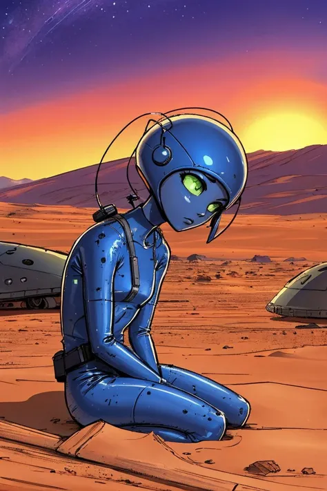 Sad alien smokes, sitting on a ground, An alien ship crashed into the ground, desert, sketch artstyle