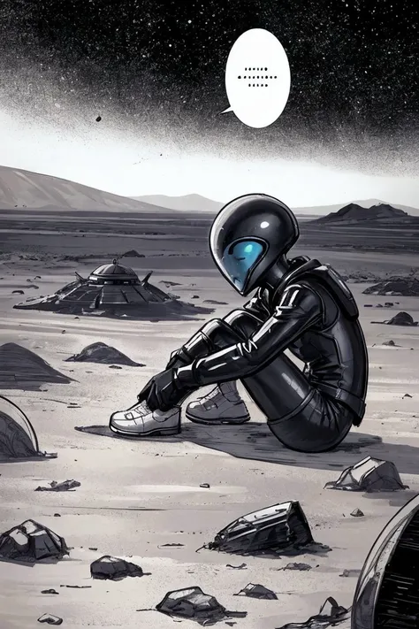 Sad alien smokes, sitting on a ground, An alien ship crashed into the ground, desert, (fire:0.2), (oil painting:0.1),, sketch artstyle, graycale, monochrome,