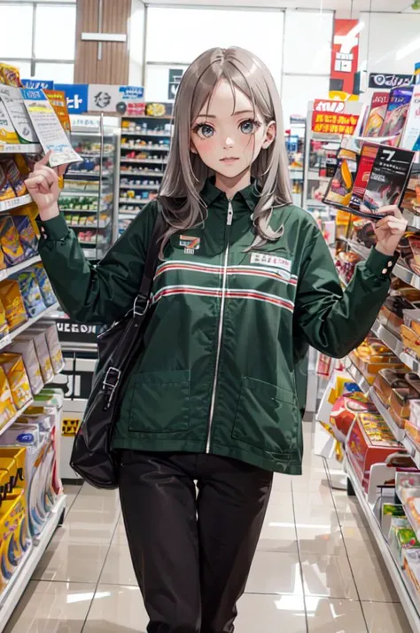 <lora:7eleven_scenery_SD15_V1:1> 7eleven, scenery, indoors, box, tiles, shop, tile floor, || 7elevenU, employee uniform, uniform, green shirt, name tag, pants,, ultra detailed, masterpiece, best quality, aesthetic, detailed,, serious, 1girl, (white eyes:1.1), (grey eyes:1.3), white hair, very long hair, parted hair, parted bangs, <lora:parted_hair_v1.3:1.3>, medium breasts,