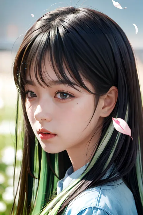 score_9, score_8_up, score_7_up, Girl's profile picture, light green long hair with bangs, light blue petals on cheeks, realistic skin texture, detailed picture, close-up, HD32k