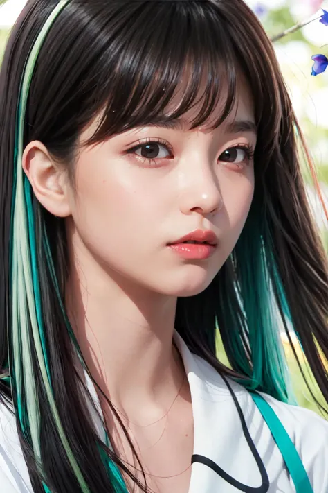Girl's profile picture, light green long hair with bangs, light blue petals on cheeks, realistic skin texture, detailed picture, close-up, HD32k