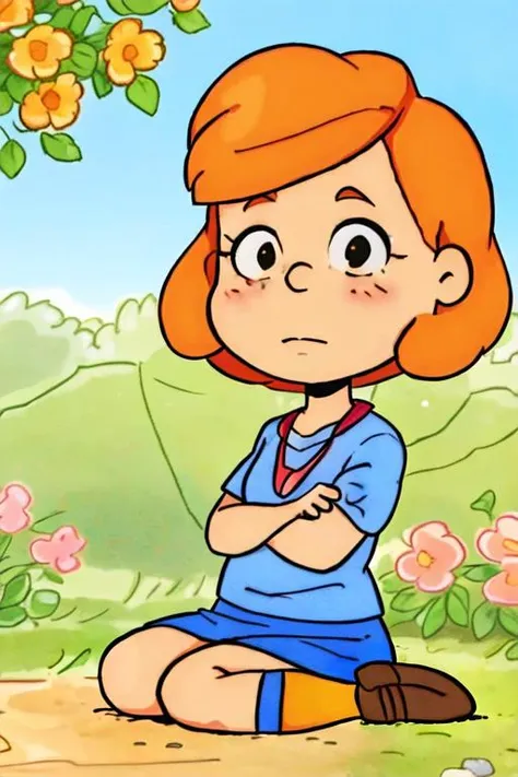 1girl, smile, head tilt, blush, blue shirt, skirt, full body, orange hair, brown hair, short hair, sitting, messy hair, looking at viewer, flowers, meadow, tree, <lora:peanutsComicsArtStyle_v1:0.7> big head, chibi, white eyes