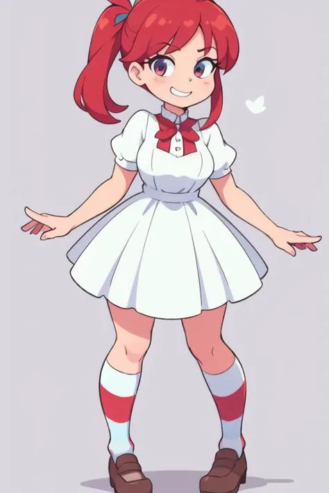 1girl, <lora:WendyW:0.7>, wendyw, striped socks, white and blue dress, red hair