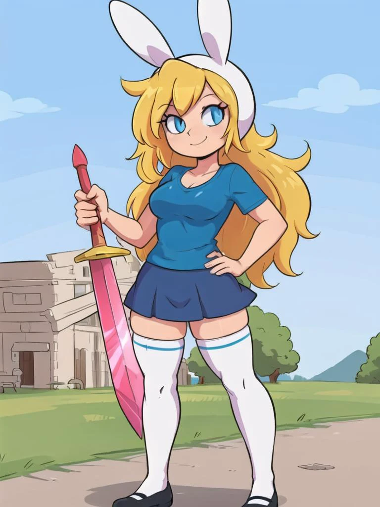 8k 4k detailed, sword, holding sword, fionna the human, aged up, detailed eyes, blue eyes, white thighhighs, bunny ears, black footwear, blue skirt, blue shirt, t-shirt, smile, standing, full body, detailed background, studio ghibli, ruins, <lora:fionnaTheHuman_v10:0.5>