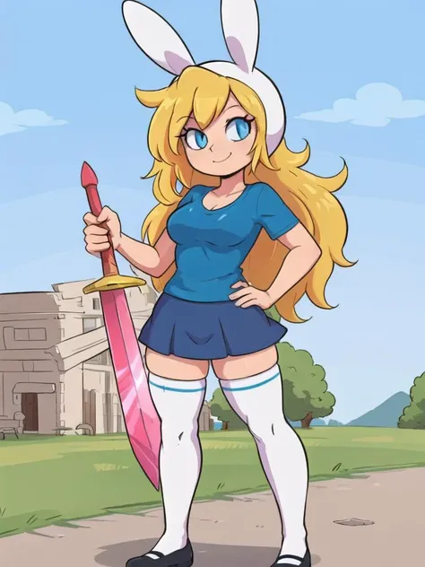 8k 4k detailed, sword, holding sword, fionna the human, aged up, detailed eyes, blue eyes, white thighhighs, bunny ears, black footwear, blue skirt, blue shirt, t-shirt, smile, standing, full body, detailed background, studio ghibli, ruins, <lora:fionnaTheHuman_v10:0.5>