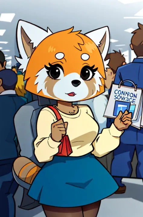 1girl, AggretsukoStyle, RetsukoCzar, (two-toned fur, orange fur, black eyes, whiskers, animal ears, racoon tail, striped tail, snout), (skirt, sweater, purse, shopping bags), (interior, shopping center, signs, sale signs, clothing, crowd, crowded, mannequin), (masterpiece:1.2), hires, ultra-high resolution, 8K, high quality, (sharp focus:1.2), clean, crisp, cinematic, <lora:Retsuko-v1:1>