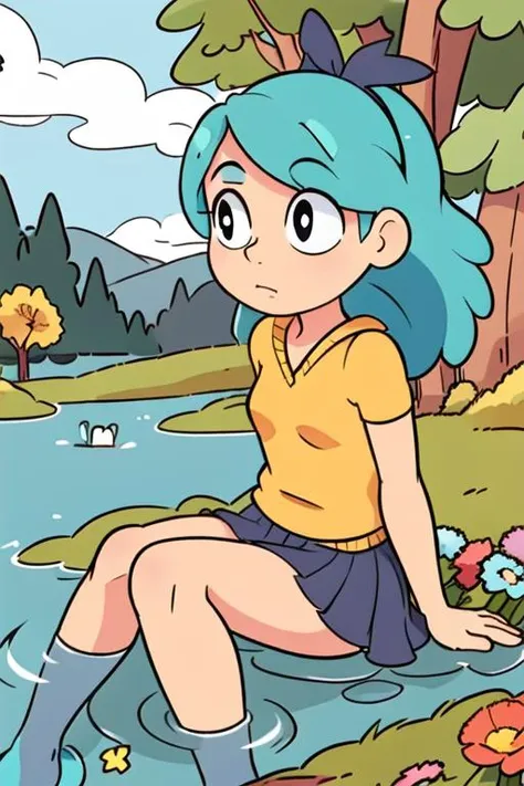 1girl, solo, blue hair, aqua hair, child,  <lora:hildaNetflixSeries_v10:0.6>, sitting in a bed of flowers, by a lake in the forest, god rays, bright day, light blue sky, butterflies, close up, black pupils