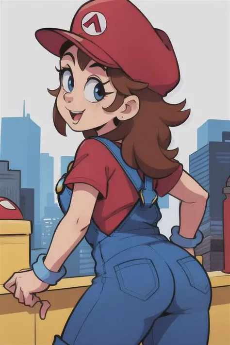 <lora:SuperMario:0.4>
1girl as supermario in blue overalls and a red tshirt,  running in new york city, skyscrapers, hat, 80's anime style, from behind, brown hair