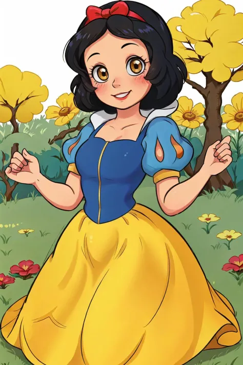 1girl, smile, head tilt, blush, (dress, puffy sleeves), full body, brown eyes, kneeling, black hair, red hairband, looking at viewer, flowers, meadow, tree,