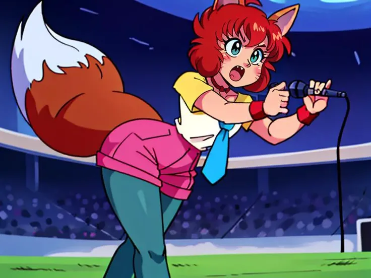 1girl, solo, KotoCzar, (fox ears, small tail, auburn hair, whiskers, whisker markings), (pink shorts, choker, wristband, black pantyhose, white shirt, yellow shirt collar, blue necktie), (full body, standing, microphone, announcer, arena, crowd, fighting ring), (masterpiece:1.2), hires, ultra-high resolution, 8K, high quality, (sharp focus:1.2), clean, crisp, cinematic,<lora:Koto-v1:0.7>