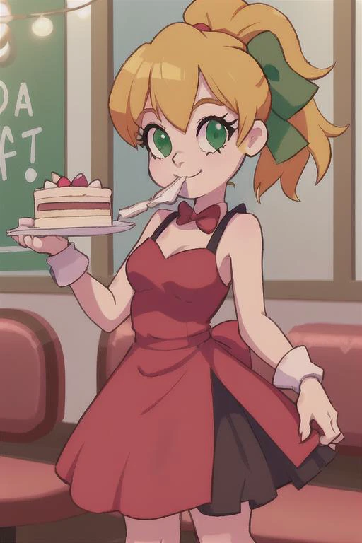 <lora:Roll3D:1> Roll3D 1girl, eating a birthday cake in a restaurant, red dress, green bow, blonde hair