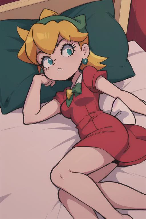 <lora:Roll3D:0.6> Roll3D 1girl,red dress, green bow, blonde hair, blue eyes, laying in a bed, head on pillow, scene from megaman