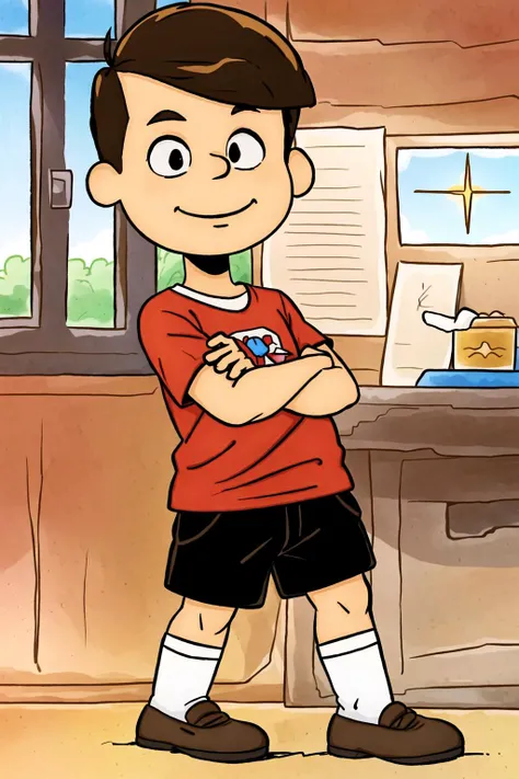 1boy, boy, masculine, smile, head tilt, red shirt, full body, brown hair, short hair, standing, looking at viewer, indoors, school, <lora:peanutsComicsArtStyle_v1:0.7> big head, chibi, white eyes