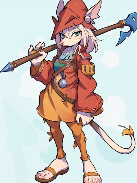 watercolor painting, 8k 4k detailed, cute, Freya Crescent (Final Fantasy), standing, clenched hand, holding lance, tall, slender, furry female, snout, red headwear, red jacket, mouse girl, green eyes <lora:freyaCrescentFinal_fantasy0:1>, white gloves, pink nose, long snout, gouache, feet, leather sandals, exposed toes, mouse tail, watercolor, thick lines, full body, detailed background, looking at viewer, studio ghibli, spear, mouse tail