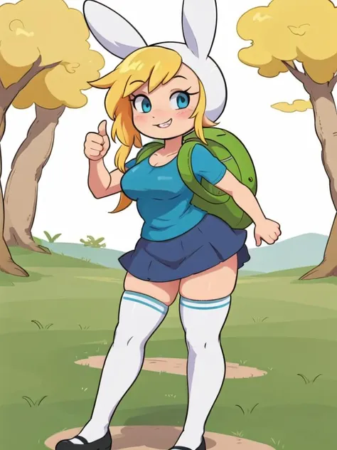 8k 4k detailed, buck teeth, plump,  thumbs up, full mouth,  green backpack, blush, fionna the human, aged up, nervous, blue eyes, white thighhighs, bunny ears, black footwear, blue skirt, blue shirt, t-shirt, smile, full body, detailed background, studio ghibli, ruins,  <lora:fionnaTheHuman_v10:0.5> green hill, forest, trees, creek,