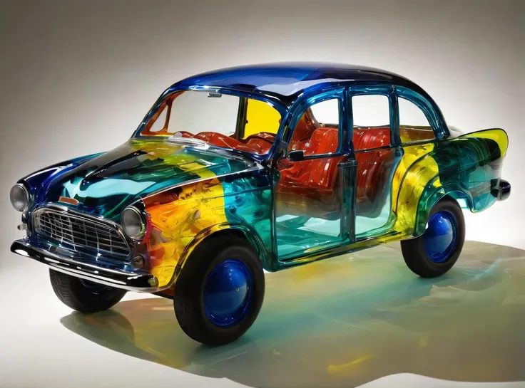 A glasssculpture of a car, bold colors,transparent interior, by Dale Chihuly, <lora:sdxl_glass:0.9>