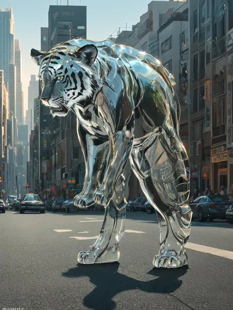 realistic full body glasssculpture of a tiger, translucent, transparent, detailed cityscape background, street, cars, reflections, dramatic lighting, illustration by Greg rutkowski, yoji shinkawa, 4k, digital art, concept art, trending on artstation