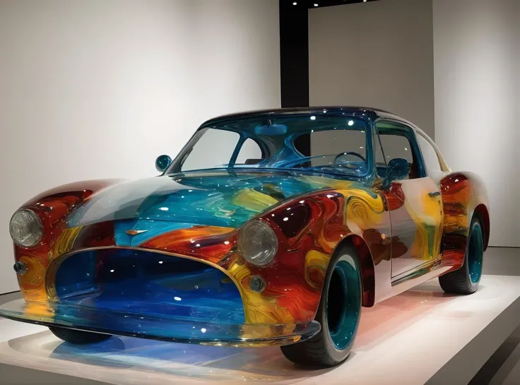 A glasssculpture of a car, bold colors,transparent interior, interior of the car clearly through the glass, by Dale Chihuly, <lora:sdxl_glass:0.9>