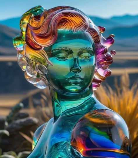 A detailed and vibrant portrait of glasssculpture, alisabcnv in a fantastical landscape with vibrant colors and intricate details, rendered in an art style that mixes realism with elements of surrealism, done by artists such as Ruan Jia and Yoshitaka Amano. <lora:sdxl_glass:1> <lora:sdxl_alisabcnv:0.8>