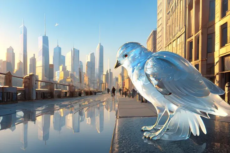 realistic glasssculpture of a bird, translucent, transparent, detailed cityscape background, street, reflections, dramatic lighting, illustration by Greg rutkowski, yoji shinkawa, 4k, digital art, concept art, trending on artstation