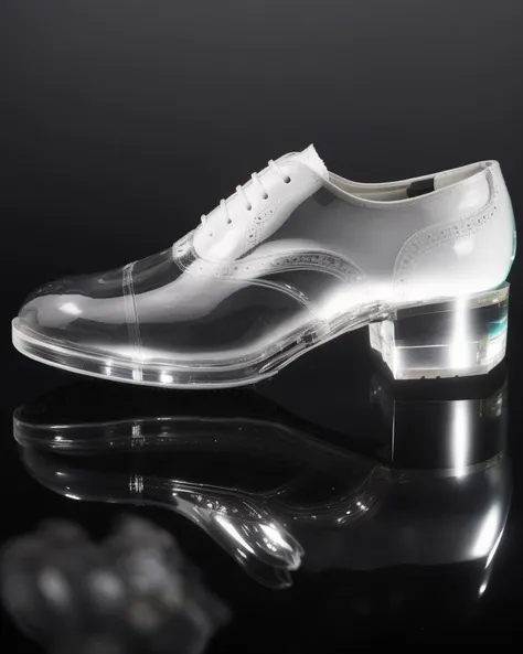 epic shot of a oxford brogue formal shoe made of white  ((transparent) glass) <lora:glasssculpture_v8:1>  transparent glass, studio lighting, cinematic  [[glass [slipper]]]