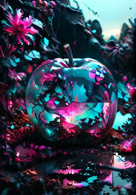 Detailed complex chaotic seascape black and pink light inside a crystal apple on dusty soil, UV-reactive, black light art concept by Waterhouse, Carne Griffiths, Minjae Lee, Ana Paula Hoppe, Stylized florescent art, Intricate, Complex contrast, HDR,<lora:sdxl_glass:1>, <lora:Colorful_Marbled_Paper_SDXL:0.9>,OverallDetail,earth,stormy landscape on a dark room, <lora:extremely_detailed:0.7>, <lora:IOS_Iridescent_opal_style:0.5>, <lora:MJ52:1> ,<lora:WildcardX-XL-Detail-Enhancer:1.5>