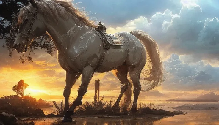 glasssculpture of a horse, translucent, transparent, reflections, detailed island background, dramatic lighting, illustration by Greg rutkowski, yoji shinkawa, 4k, digital art, concept art, trending on artstation