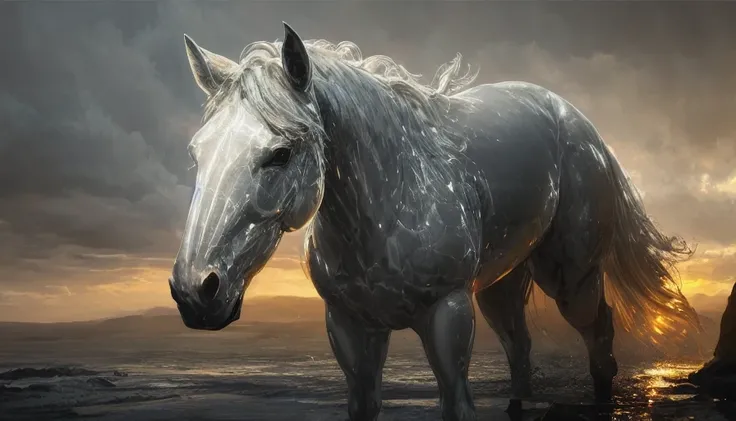glasssculpture of a horse, translucent, transparent, reflections, detailed island background, dramatic lighting, illustration by Greg rutkowski, yoji shinkawa, 4k, digital art, concept art, trending on artstation