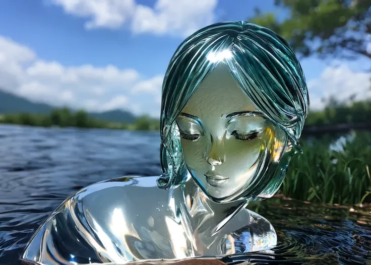 close up glasssculpture of a woman bathing in a river, translucent, transparent, reflections. cgsociety masterpiece,  flowers everywhere, artstation trending, by rossdraws, ghibli, Kimi no Na wa, greg rutkowski