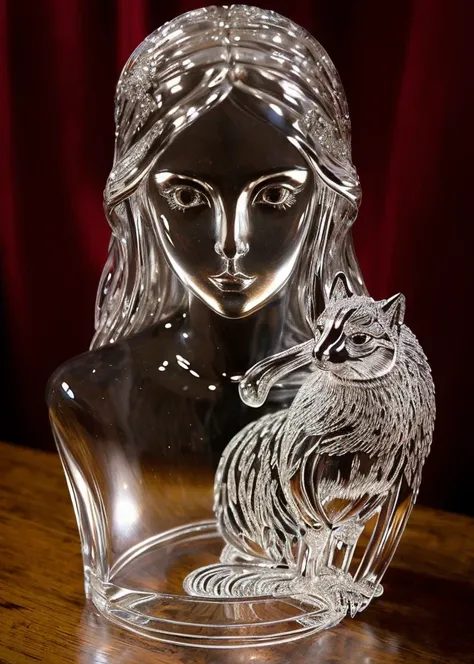 A beautiful and intricate portrait of glasssculpture, woman with a fantastical creature or animal companion, rendered in a detailed art style that mixes elements of realism and fantasy, done by artists such as Phil Koch and Joseph Christian Leyendecker.