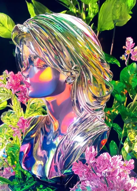 yellow glasssculpture of a woman wearing lingerie, vaporwave aesthetic, synthwave, colorful, psychedelic, artstation, flowers, bees, ribbons, concept art, smooth, extremely sharp detail, finely tuned detail, 8 k, unreal engine 5, ultra sharp focus, illustration, art by artgerm and greg rutkowski and alphonse mucha