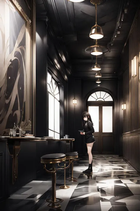 ((masterpiece)), (best quality), official art, extremely detailed CG, unity 8k wallpaper, ultra detailed, highly detailed,
<lora:film_noir_bistro:1>,
1girl, shibuya rin, standing, school uniform, expressionless,
filmed by Stanley Kubrick,
Moody lighting, sleek curves, monochromatic palette, geometric patterns, windows, dark atmosphere,