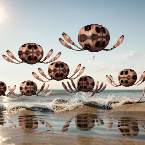 tick, group of creatures flying by the water on the beach, epic background, 35mm photograph, film, bokeh, professional, 4k, highly detailed, photorealistic film <lora:MarathonMonsters:0.9>