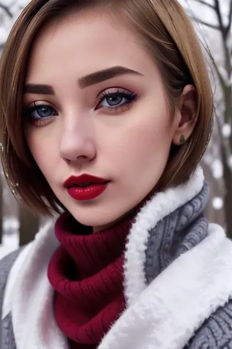 photo of a woman, <lora:yukynagato-05:0.6>, yukynagato, ((turtleneck sweater, scarf, short hair):1.1), ((closeup, portrait)),((outdoors, snow)), ((red lipstick, makeup)), (serious), ((best quality, masterpiece, extreme details, high resolution):1.2),((detailed eyes, beautiful eyes, detailed face, beautiful face):1.2)