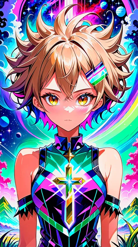 (masterpiece:1.4, best quality), (intricate details), unity 8k wallpaper, ultra detailed, (Schizowave), <lora:Schizowave:1>, award winning painting, (visually stunning:1.4), ethereal figure, otherworldly subjects, spiked hair, short hair, light brown, (style of Christian Ward:1.3), vivid hues, (bold use of colors:1.1), intricate patterns, fusion of traditional and digital techniques, cosmic landscapes
