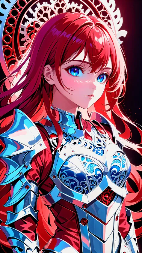 front view, masterpiece, best quality, photorealistic, raw photo, (1girl, looking at viewer), long hair, mechanical white armor, intricate armor, delicate blue filigree, intricate filigree, red metallic parts, detailed part, (Schizowave), <lora:Schizowave:1.1>, dynamic pose, detailed background, dynamic lighting
