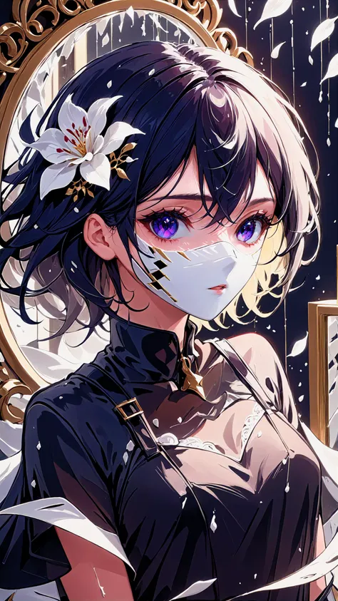 beautiful girl, (Schizowave), <lora:Schizowave:1.4>, a mysterious figure in a porcelain mask stands among a swirling storm of broken mirrors and floating petals, plaster threads, papier-mch, Mika Asai macro photography, close up, hyper detailed, artstation trend, sharp focus, studio photography, intricate detail, high detail, closeup portrait photo of young italian woman in dark clothes, (messy hair:0.3), (shot from distance)