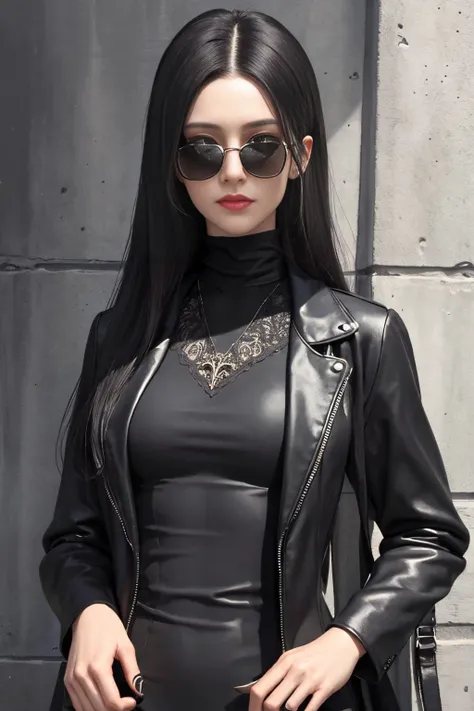 trinity, matrix. highly detailed, intricate. black clothes, sunglasses, <lora:GoodHands-vanilla:1>