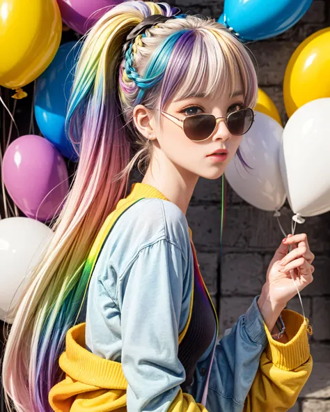 masterpiece, best quality,1 girl, pretty and cute, (rainbow color Highlight Hair,colorful hair:1.4), wearing blue and purple sunglasses, yellow jacket with white pattern, white sweater, many colored balloons, doll face, ponytail braid, perfect detail eyes, delicate face, perfect cg, HD quality, colored balloons, sky ,black boots, <lora:add_detail:1>