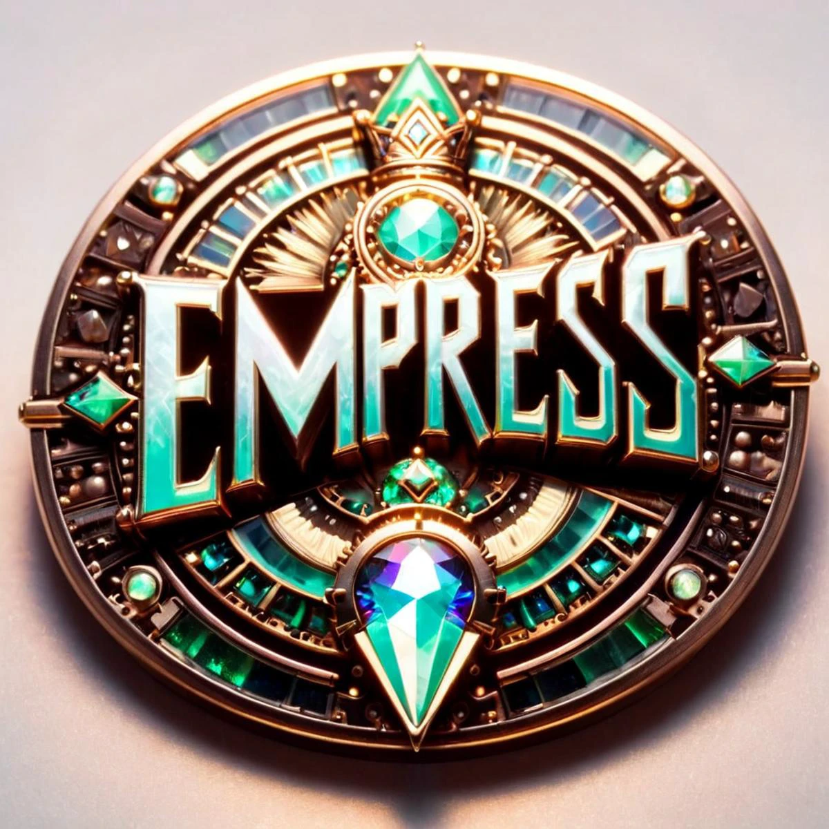 (EMPRESS text logo:1.39), iridescent diamond, pearlescent white, Jade, stone, robotic, cap , <lora:Harrologos_V1.0>, <lora:c01n-000010:1>, <lora:CelestialPunkAI:0.88>, celestialpunkai, st3llar