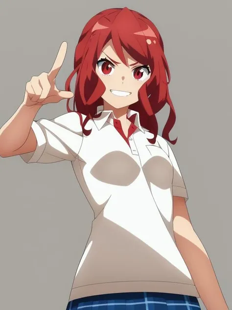 dynamic pose, 1girl, solo, looking at viewer, (masterpiece), perfect lighting, (beautiful, best quality:1.3), perfect eyes, absurdres, 8k, (light grey background), white background, simple background, <lora:hoshino_anzu_lora:0.8> , hoshino anzu, red hair, red eyes, cowboy shot, white shirt, collared shirt, blue skirt, smile, pointing, v-shaped eyebrows