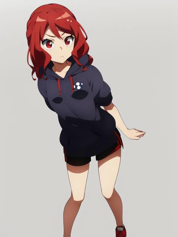 (best quality, masterpiece:1.1), close up, looking outside, (1female), angry face, red hair, asymmetrical bangs, blunt bangs, dreadlocks, (at a cafe), hoodie and socks, school uniform, bike shorts, (grey background:1.3),