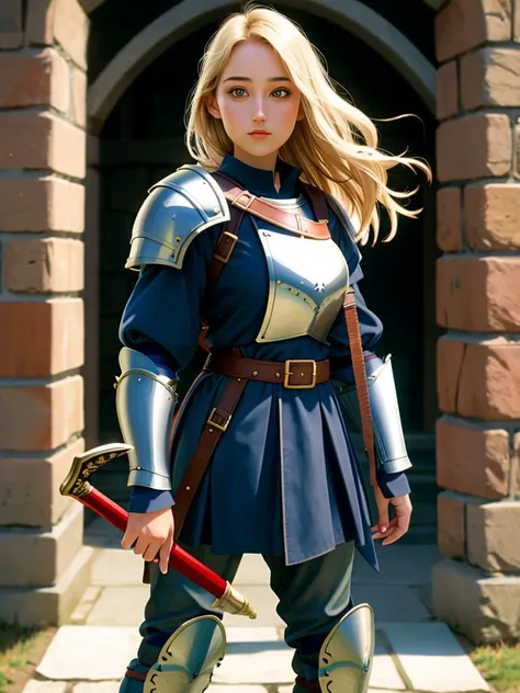 Realistic photo of a beautiful l33l33s woman,1girl, solo, long hair, blonde hair, looking at viewer, holding, closed mouth, standing, weapon, belt, sword, holding weapon, armor, chain, holding sword, shoulder armor, sheath, pauldrons, sheathed, breastplate, realistic, scabbard, brick wall, chainmail, plate armor, soft lighting, professional Photography, Photorealistic, detailed, RAW, analog, sharp focus, 8k, HD, DSLR, high quality, Fujifilm XT3, film grain, award winning, masterpiece<lora:l33l33s:1.0>