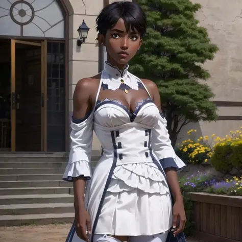 (cowboy shot), sfw, (masterpiece), (best quality:1.0), (ultra highres:1.0), detailed eyes
BREAK
<lora:RaquelYJ:0.6> RaquelYJ, dark skin, looking at viewer, 1girl, pixie haircut
<lora:Emilia:1> Emilia, white_dress, skirt, detached_sleeves, bare_shoulders, white_legwear
BREAK
(courtyard, garden, outdoors, gorgeous view)